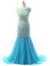 Blue Tulle Beads Backless Mermaid Long Prom Dress